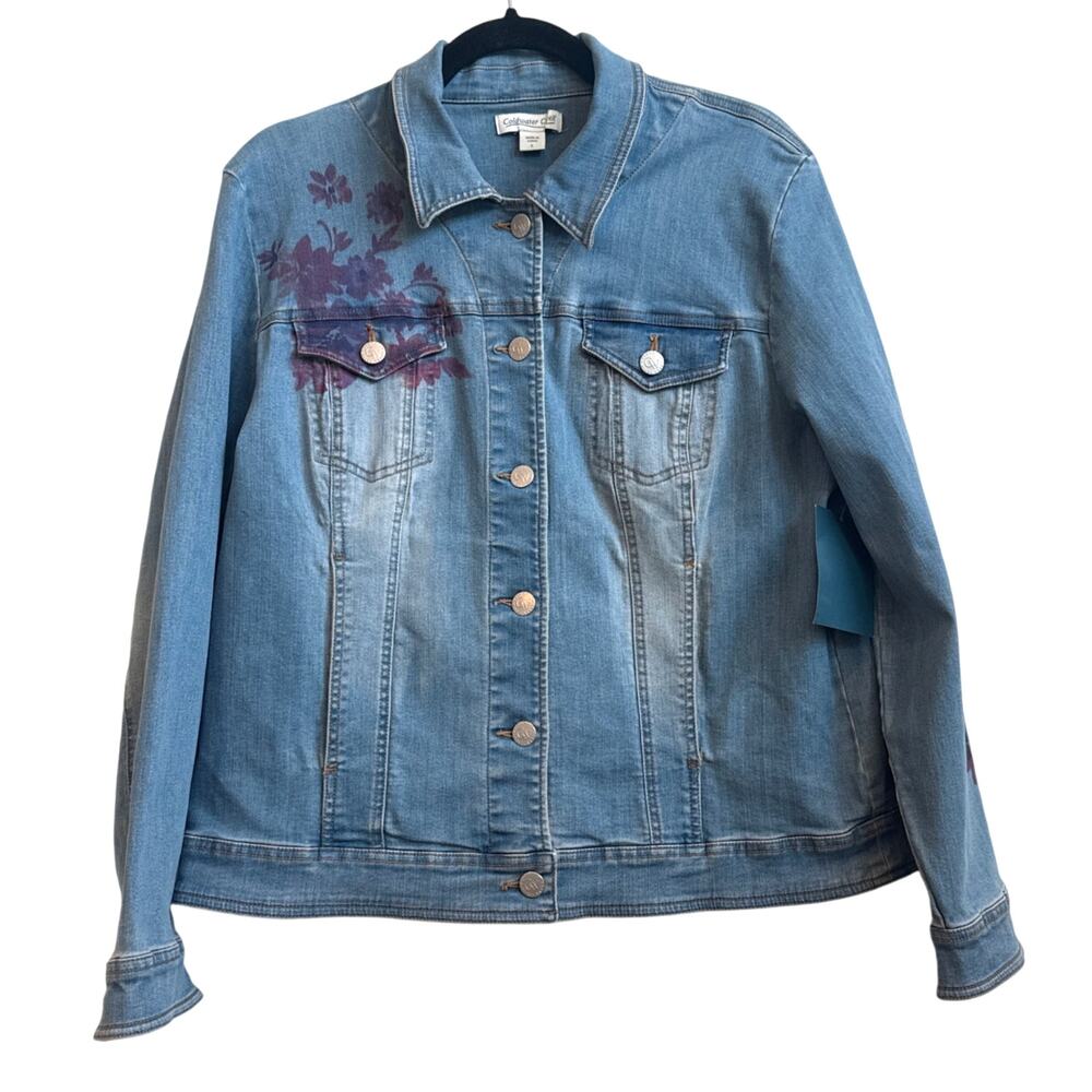 Coldwater Creek Stretchy Blue Jean Jacket with Pink/Purple Watercolor Flowers